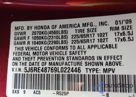 2009 Honda Cr-V Ex-L z USA, uszkodzony, nr VIN 5J6RE48769L022446